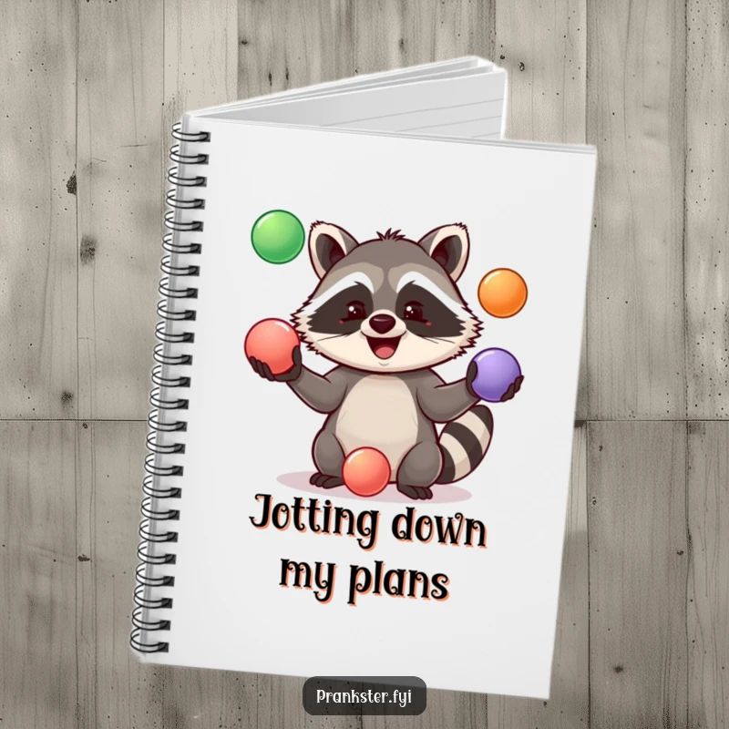 Funny Notebook cover featuring a happy raccoon in the midst of juggling three colorful balls, sparking creativity and smiles.