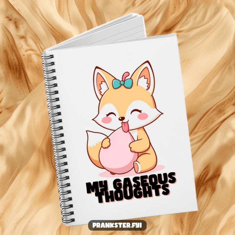 Funny Kawaii Fox Notebook sticking its tongue out and holding a whoopee cushion, perfect for jotting down notes and plans with a touch of mischievous humor.