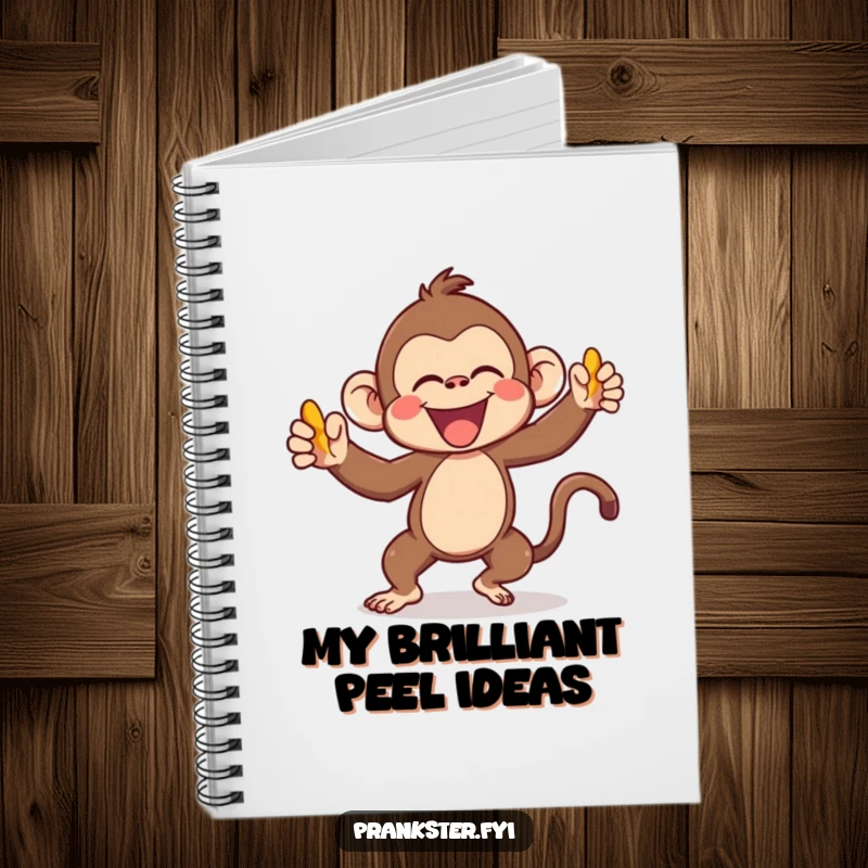 Funny Kawaii Monkey Notebook gleefully throwing a banana peel, perfect for jotting down notes and ideas with a touch of playful, mischievous humor.