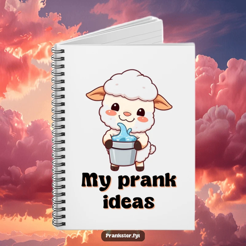 Funny Kawaii Sheep Notebook: A mischievous sheep grins, holding a bucket of water, ready to help plan your next fun prank.