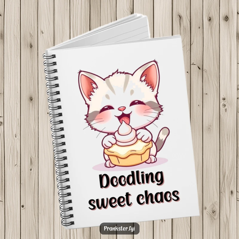 Funny notebook with a giggling kitten tossing a cream pie, ideal for notes and playful ideas.