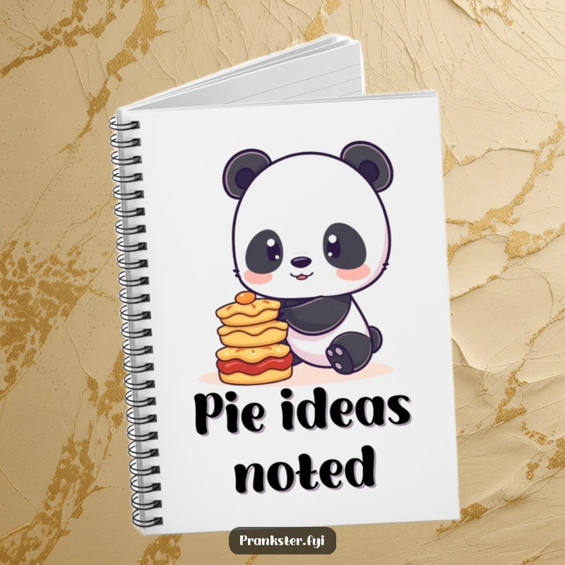 Funny notebook featuring a playful panda heroically balancing a stack of pies, perfect for jotting down recipes or daily musings.