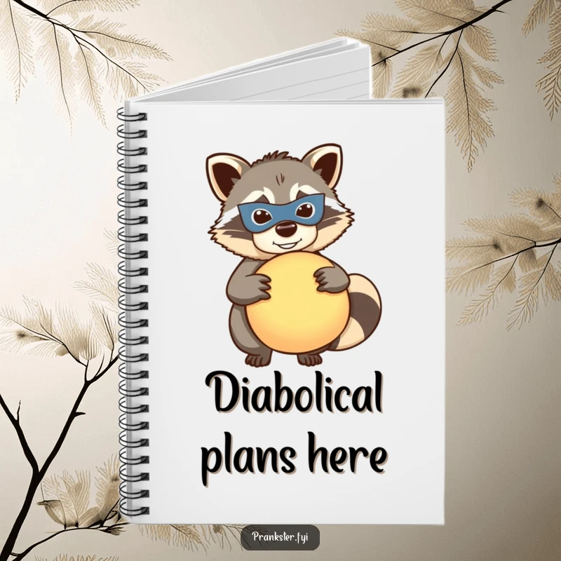 Funny raccoon notebook, mischievous masked raccoon holding a whoopee cushion, humorous journal, ideal funny gift for notes.