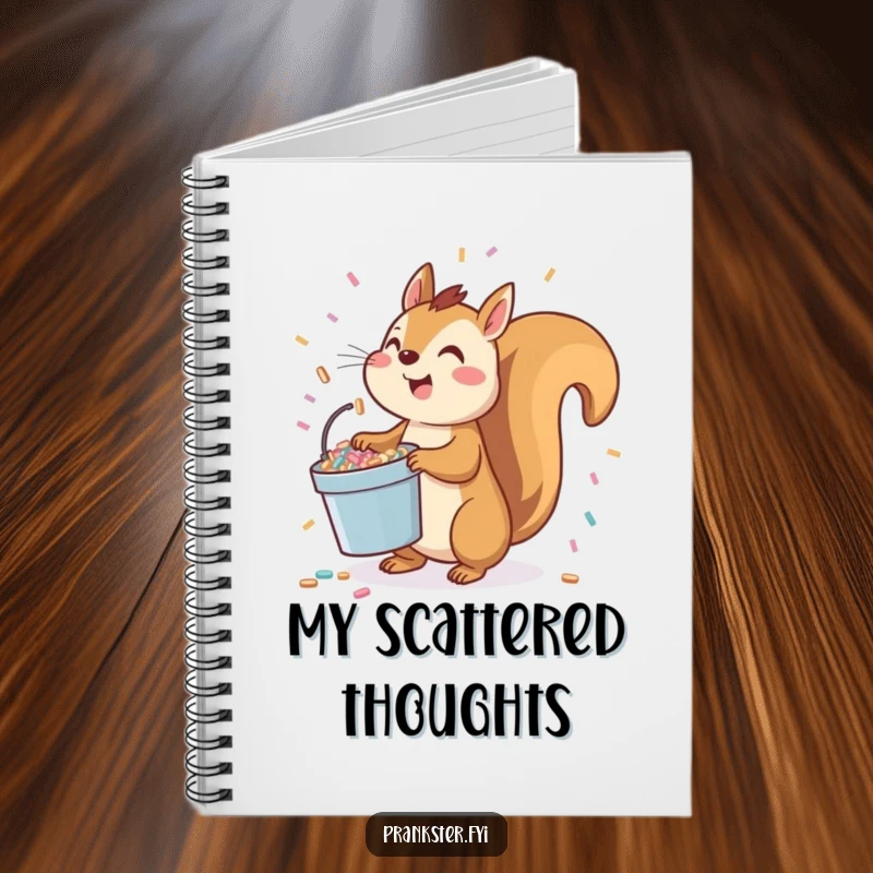 Funny squirrel notebook with a playful character holding a bucket of confetti, ready to toss it upwards.