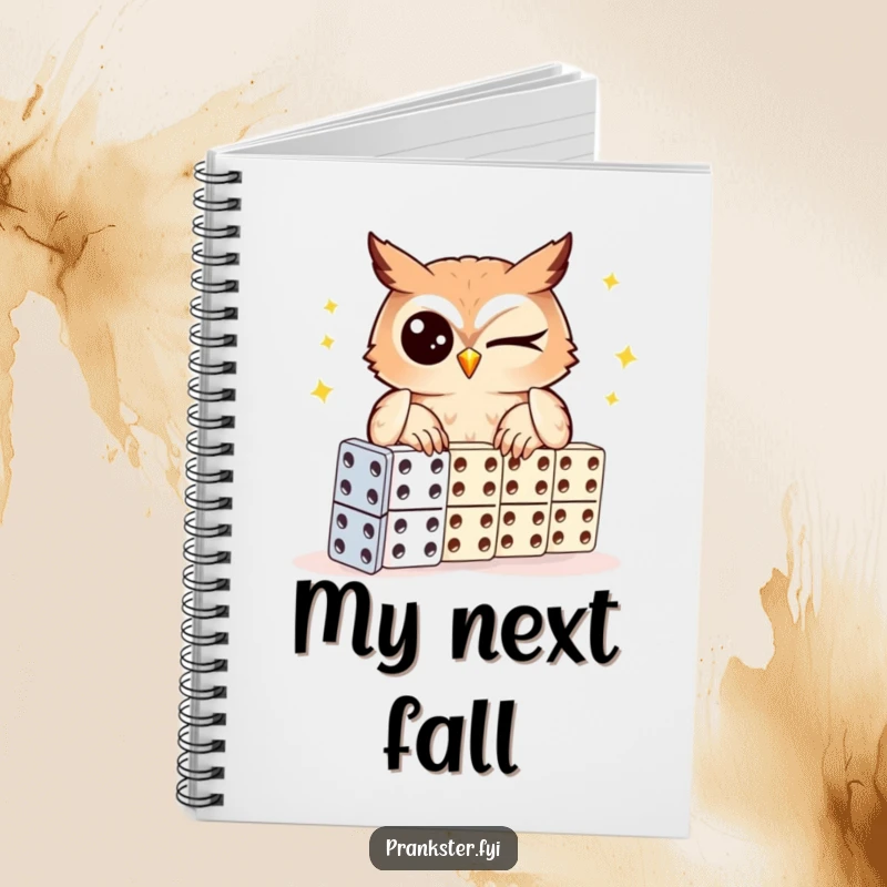 Funny owl notebook, journal with a winking owl setting up dominoes, for writing notes and strategic ideas.