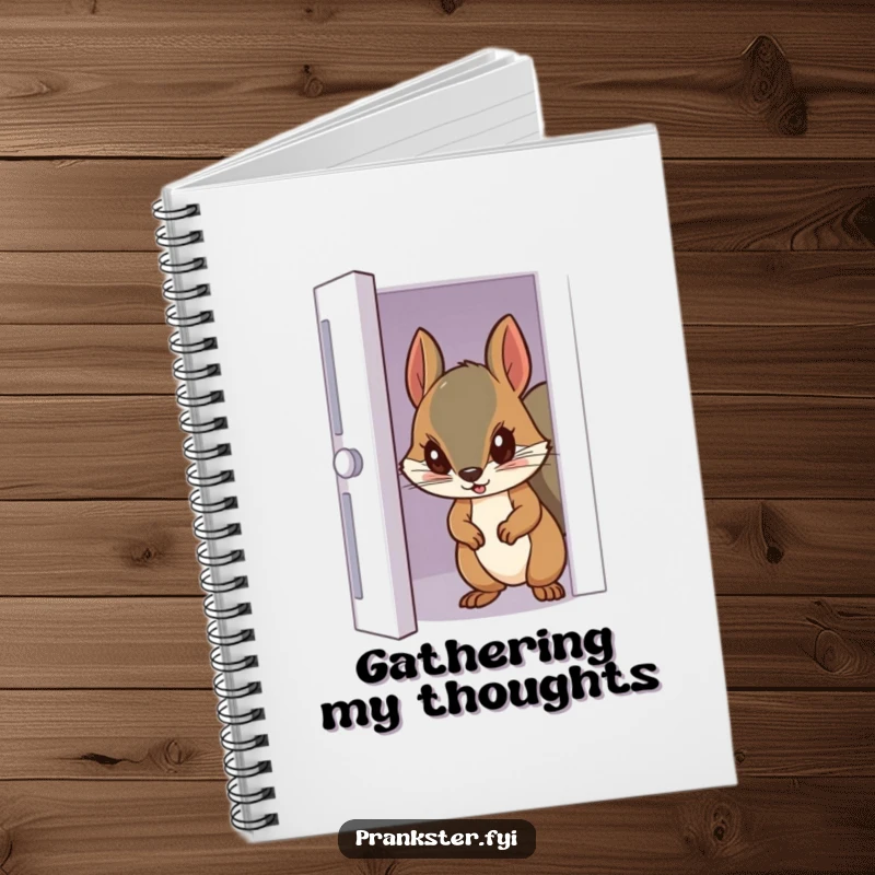Funny notebook with a sneaky squirrel peeking from a door, designed for capturing curious thoughts and ideas.
