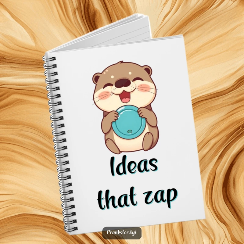 Funny notebook cover showing a delighted otter enthusiastically using a joy buzzer, symbolizing exciting ideas and cheerful thoughts.