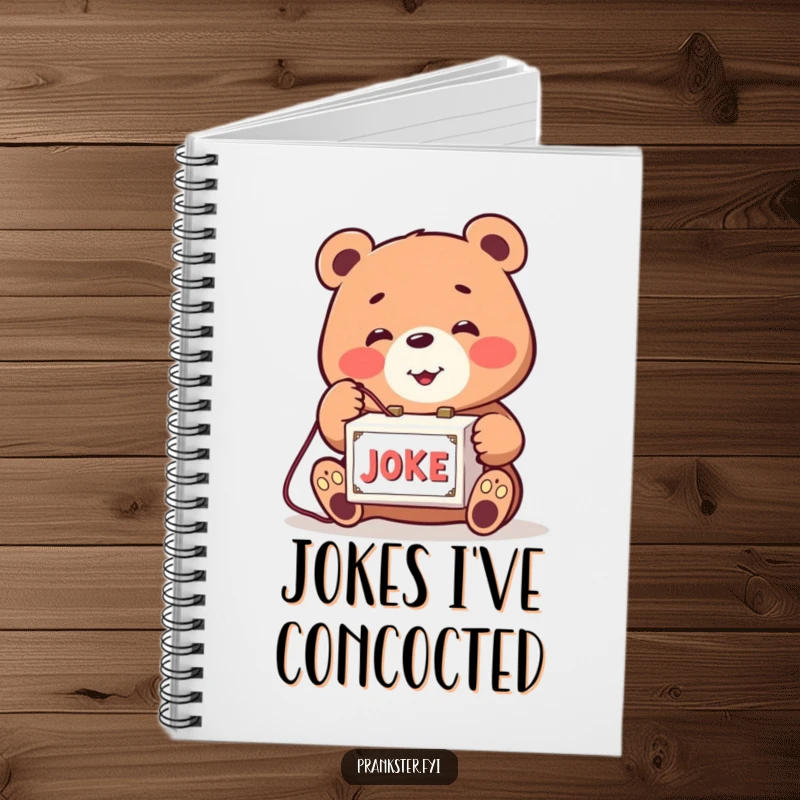 Funny notebook with a smiling bear playfully tapping a string to a joke box. Humorous journal for notes and ideas.