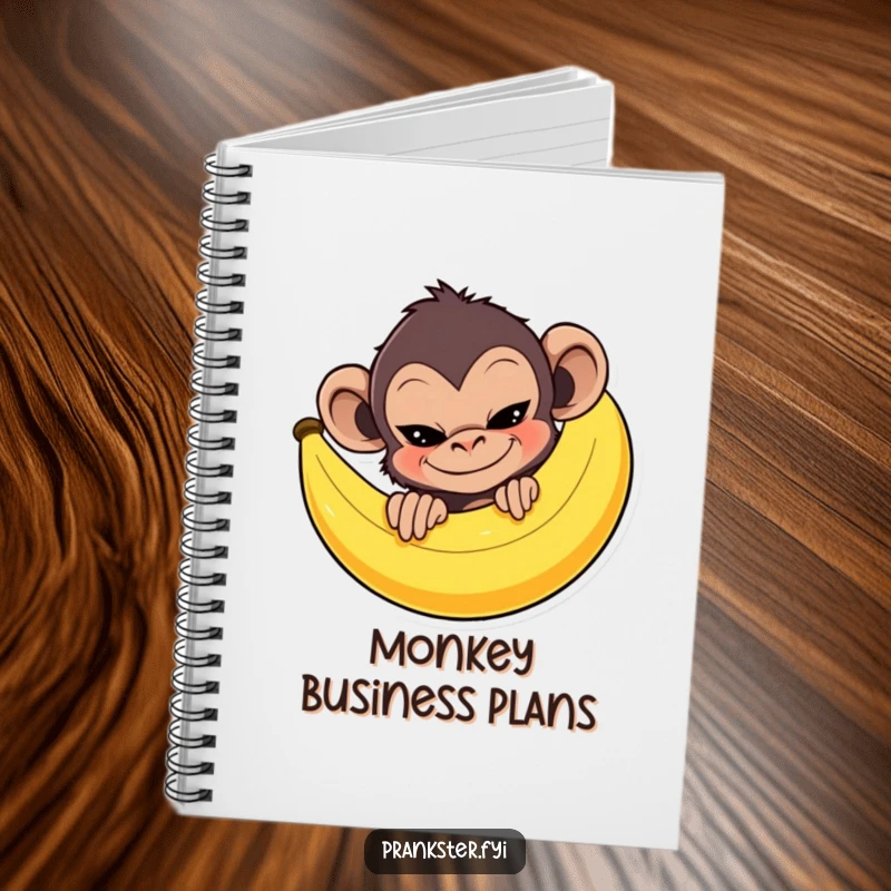 Mischievous monkey peeking behind a giant banana peel with a sly grin, on the cover of a funny notebook.