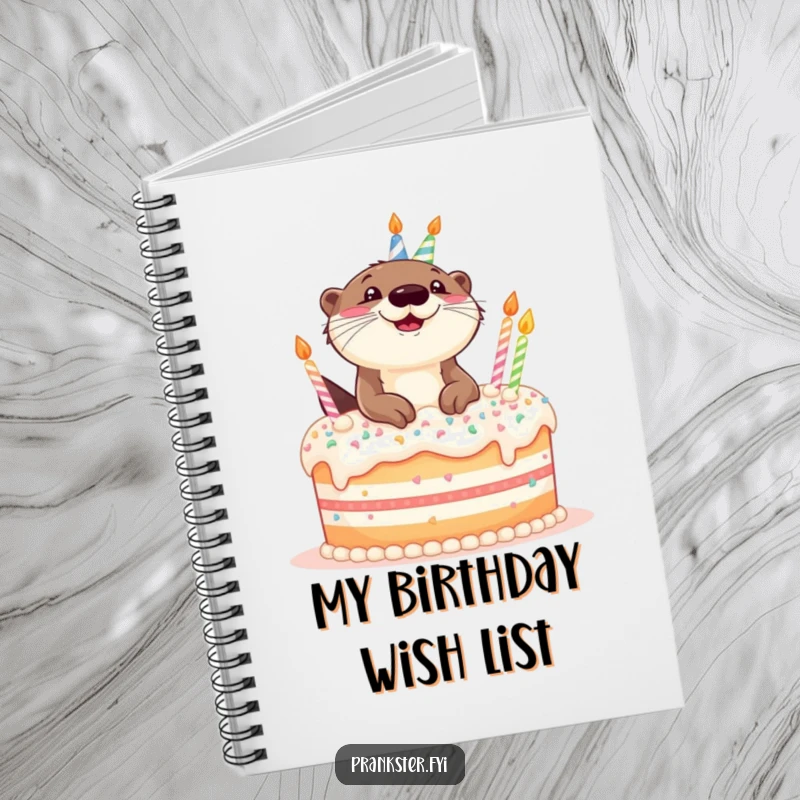 Funny notebook featuring a giggling otter emerging from a birthday cake, ready for notes and bright ideas.