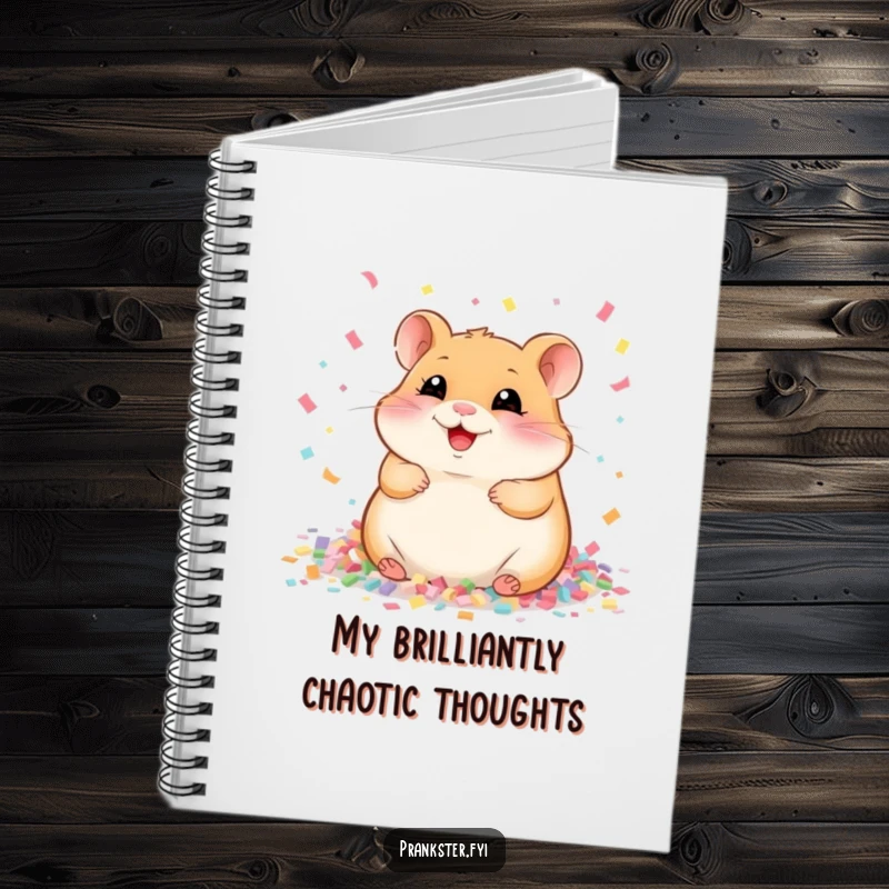 Funny Notebook cover featuring a giggling hamster amidst a swirl of confetti, inspiring creativity and amusement.