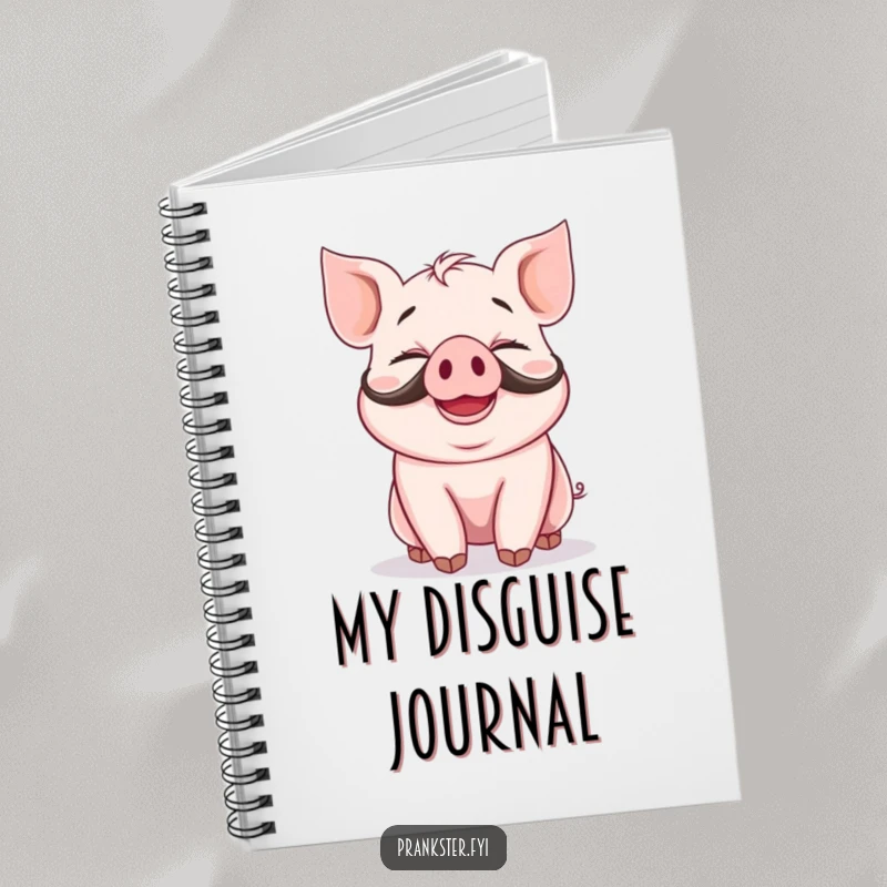 Funny notebook cover with a giggling piglet wearing a fake mustache and a silly grin, providing a humorous place for notes and ideas.