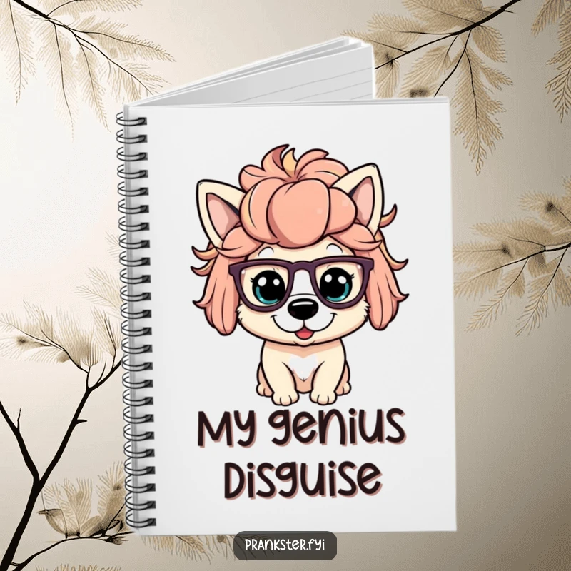 Funny notebook displaying a playful dog character in a silly wig and oversized glasses, ideal for humorous note-taking.