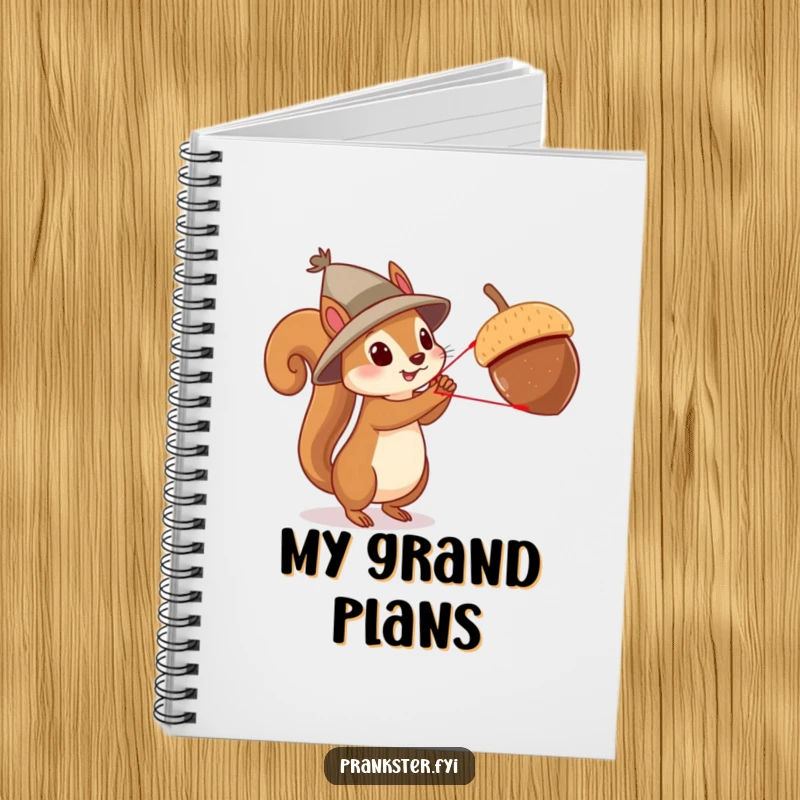 Funny squirrel acrobat notebook, showing a squirrel in a hat launching an acorn with a slingshot, for jotting down adventurous ideas.