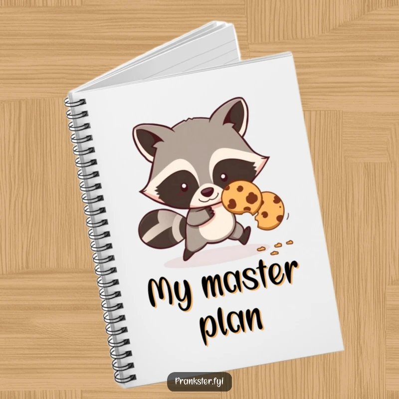 Funny notebook with a sly cartoon raccoon stealing a cookie, perfect for jotting down ideas.