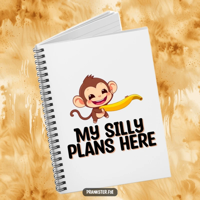 Funny Monkey Notebook with a mischievous monkey throwing a banana peel, perfect for planning fun and jotting ideas, humorous stationery.