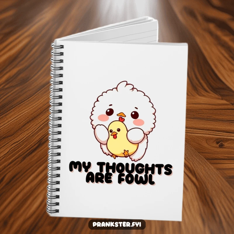 Funny notebook with a small fluffy creature dropping a tiny rubber chicken, ideal for jotting down gag ideas, witty notes, and humorous observations.