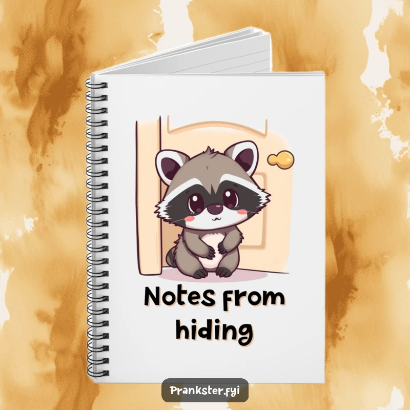 Funny Kawaii Raccoon Notebook hiding behind a door with a surprised expression, perfect for notes, doodles, and planning your next playful surprise.