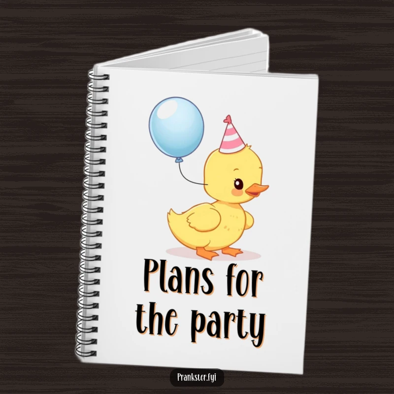 Funny Kawaii Duckling Notebook: A duckling in a party hat is about to pop a balloon, ready to help plan your next fun event.