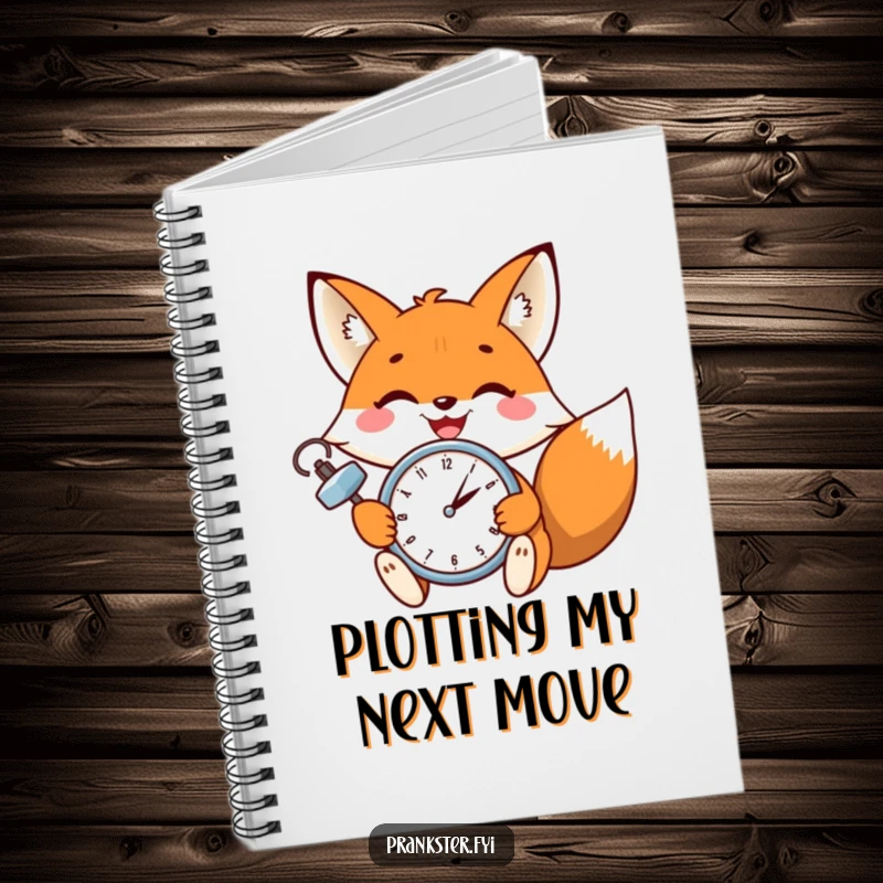 Funny notebook with a cheerful fox winking while setting a tiny clock, designed for capturing thoughts with humor.