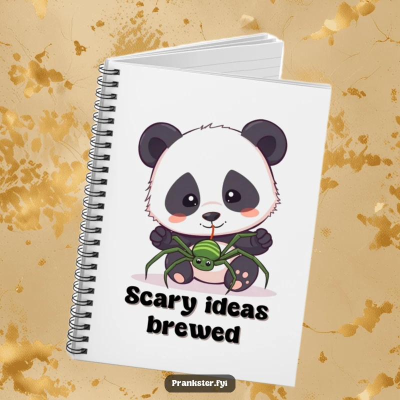 Funny notebook with a curious panda accidentally pulling a fake spider on a string. Humorous journal for notes and ideas.