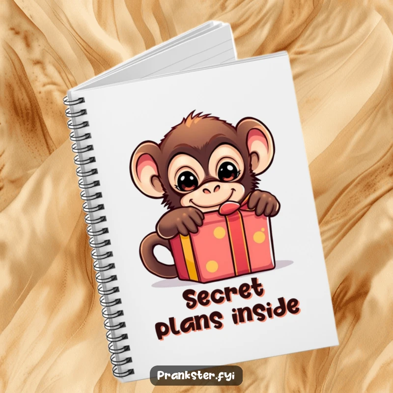 Funny notebook featuring a mischievous monkey peeking from behind a gift box, designed for jotting down humorous thoughts.