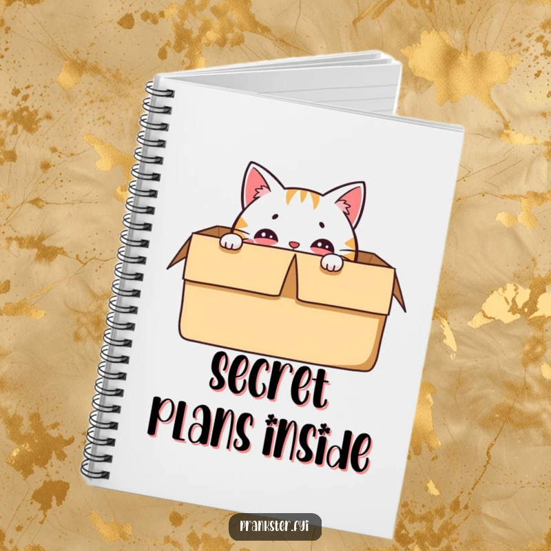 Funny notebook with a delighted cat character hiding in a box, with only its eyes visible.