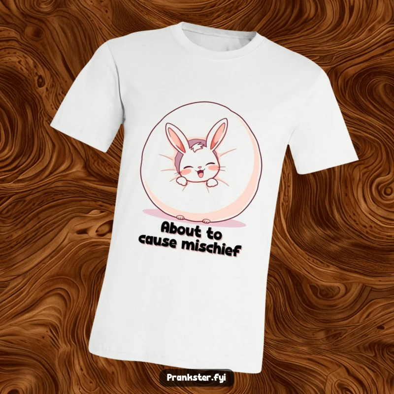 Funny t-shirt with a giggling rabbit hiding behind a large inflated whoopee cushion, symbolizing playful pranks and humor.
