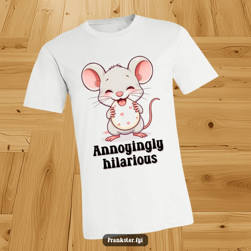 Funny T-Shirt showcasing a mischievous mouse gleefully grasping a miniature whoopee cushion, radiating playful mischief.