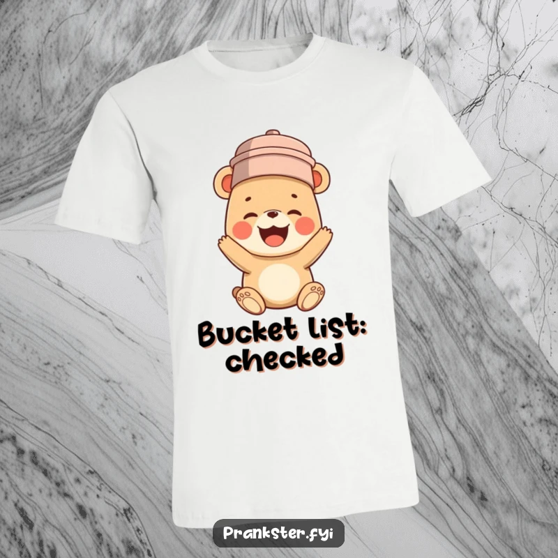 Funny t-shirt of a bear cub with a bucket on its head, captured mid-giggle, radiating pure, infectious, hilarious joy.