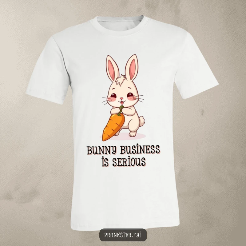Funny rabbit t-shirt showing a rabbit pulling a long string connected to a carrot. A humorous gift.