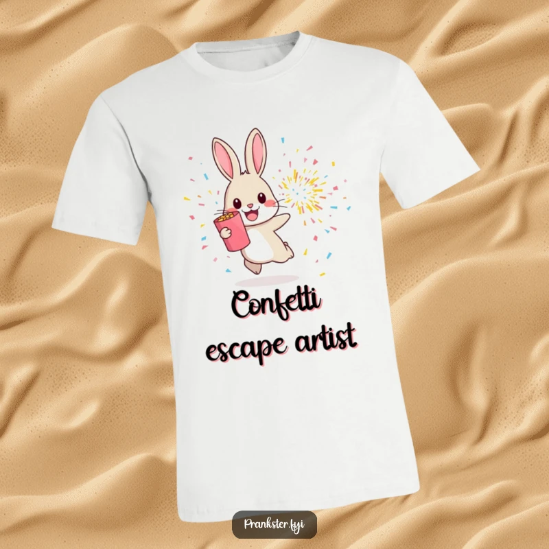 Funny t-shirt of a cheerful rabbit hopping away from an exploding confetti popper, capturing festive excitement.