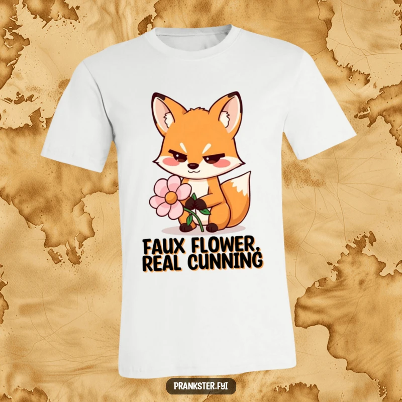 Funny t-shirt of a sly fox wiggling its eyebrows while holding a fake flower, suggesting charming trickery.