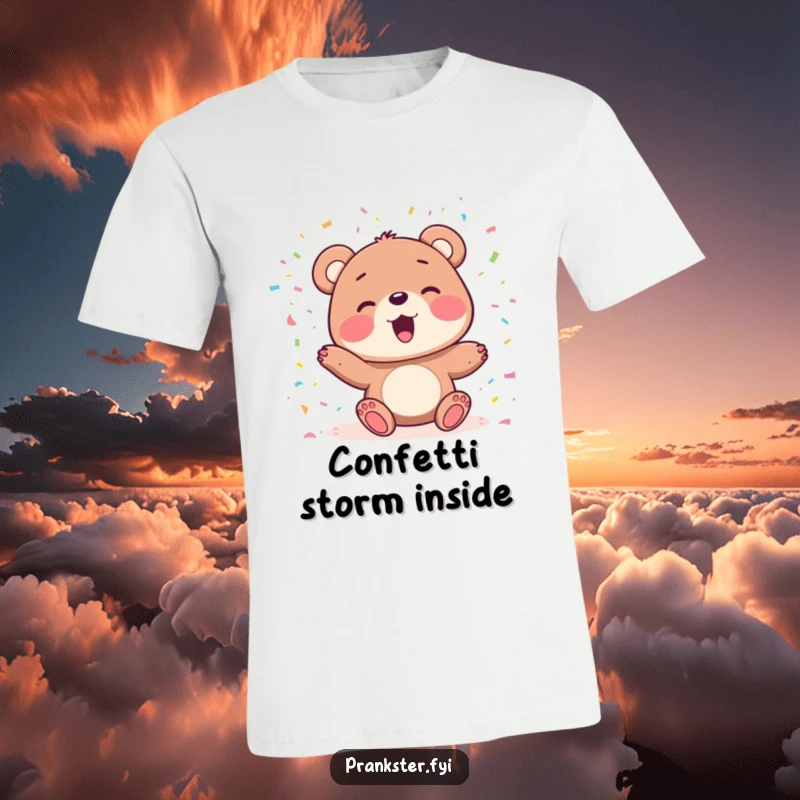 Funny t-shirt depicting a delighted bear character joyfully tossing colorful confetti in the air, perfect for festive occasions.