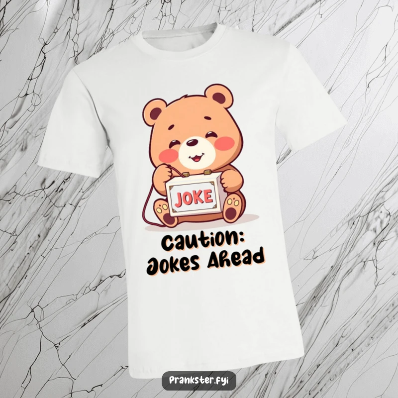 Funny t-shirt featuring a smiling bear playfully activating a joke box via a string. Comical and fun.