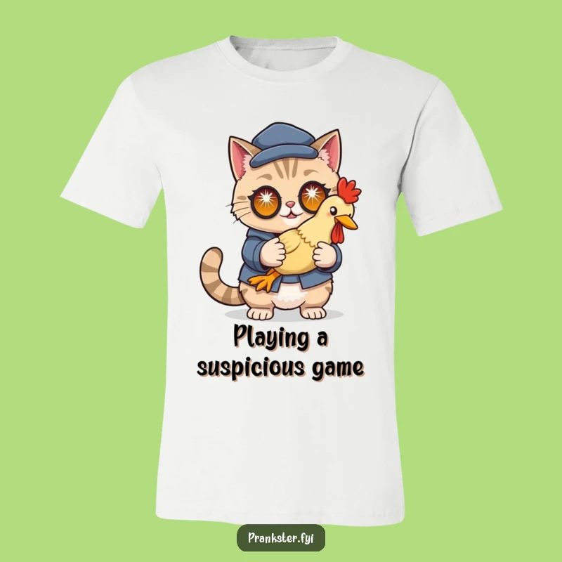 Funny Cat Disguise Tee: Wearable Intrigue with a Rubber Chicken