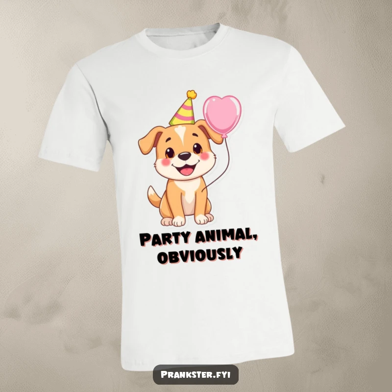 Funny T-shirt depicting a cheerful dog in a party hat with a balloon, embodying pure festive joy.