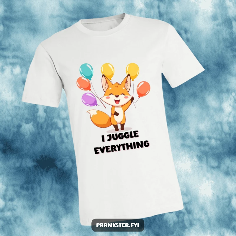 Funny t-shirt showcasing a happy fox character expertly juggling bright balloons, radiating pure joy and playful energy.