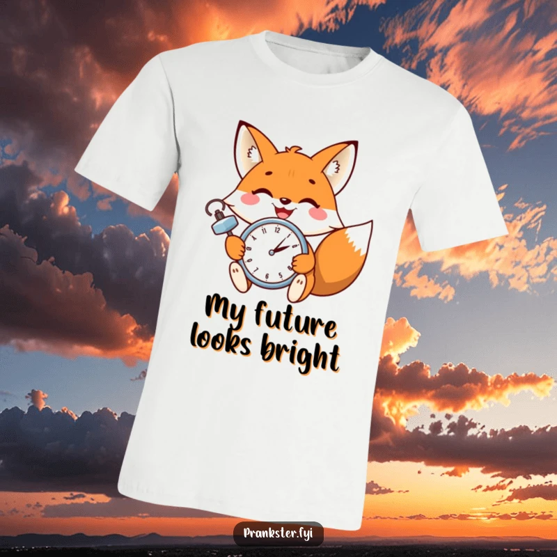 Funny t-shirt showcasing a grinning fox winking while setting a small ticking clock, a humorous depiction of time management.