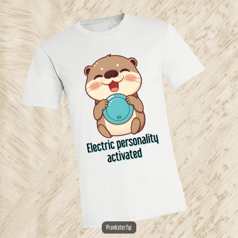 Funny t-shirt featuring an ecstatic otter gleefully activating a joy buzzer, spreading waves of laughter and amusement.