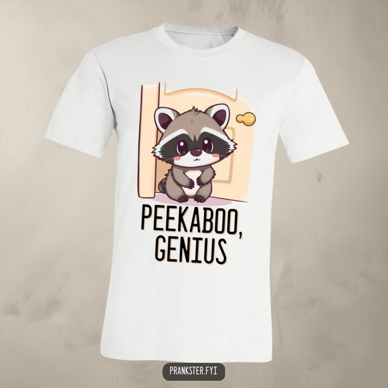 Funny Kawaii Raccoon T-Shirt playfully hiding behind a door with a surprised look, great for fans of cute animals and humorous, unexpected moments.