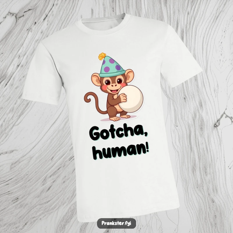 Funny monkey in a silly hat holding a whoopee cushion behind its back, ready for a prank, on a t-shirt.