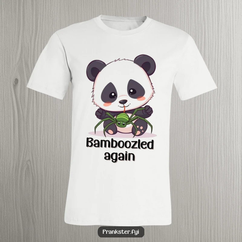 Funny t-shirt featuring a curious panda accidentally pulling a fake spider on a string. Comical and surprising.