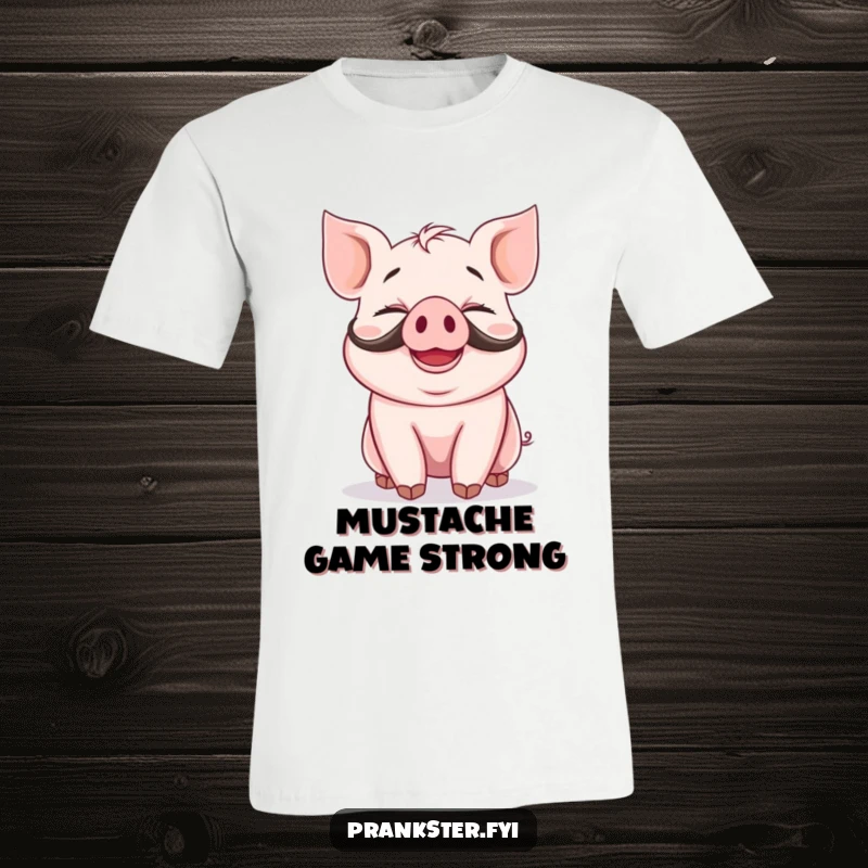 Funny t-shirt of a giggling piglet wearing a fake mustache and sporting a big, silly grin, embodying pure, playful joyfulness.