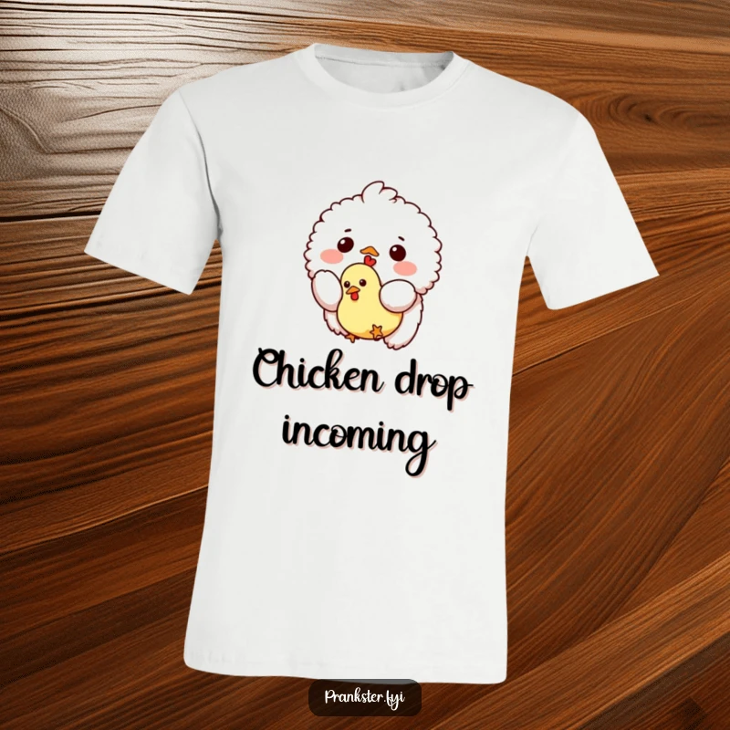 Funny t-shirt featuring a small fluffy creature in the act of dropping a tiny rubber chicken from above, celebrating lightheartedness and classic humor.