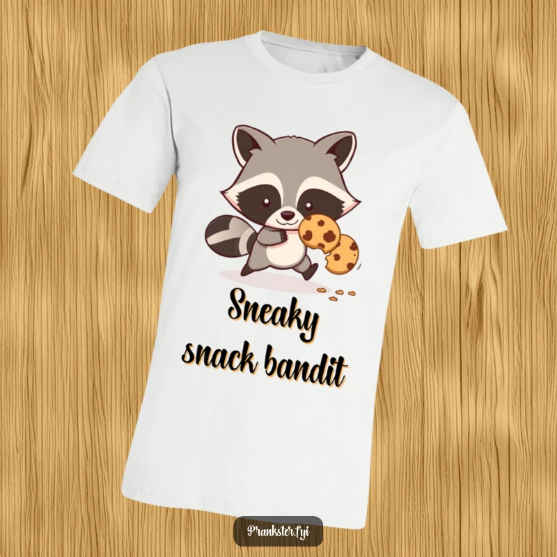 Funny t-shirt featuring a sly cartoon raccoon making off with a stolen cookie, leaving a trail of crumbs.