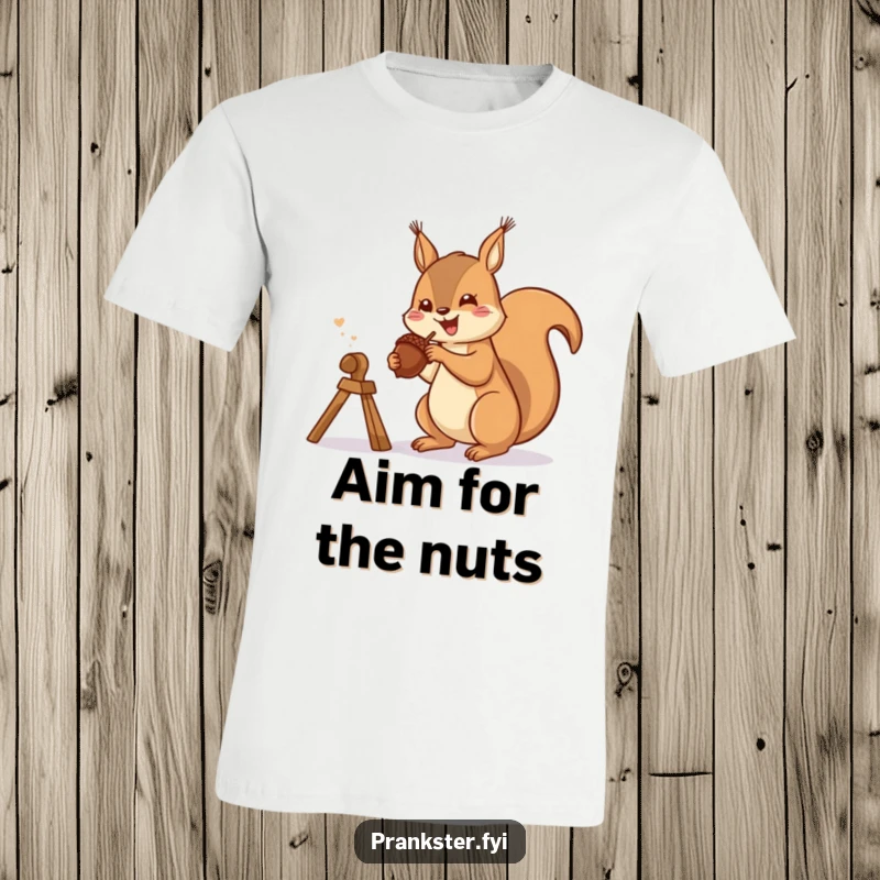 Funny t-shirt with a gleeful squirrel launching an acorn from a slingshot, depicting playful forest antics.