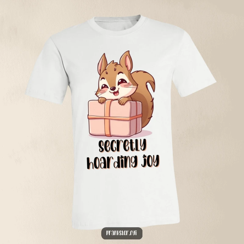 Funny t-shirt with a giggling squirrel character hiding behind a big, unwrapped gift, showcasing a funny and playful surprise.