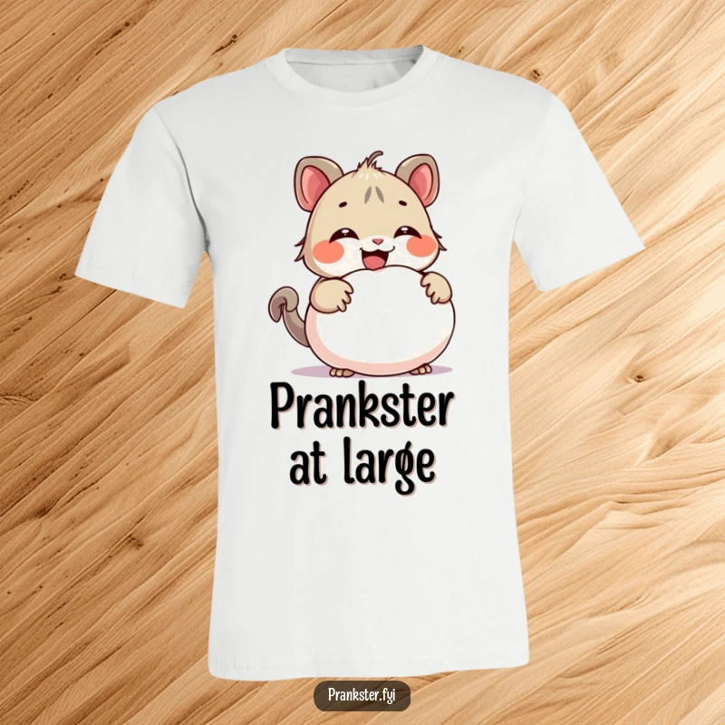 Funny t-shirt featuring a giggling creature hiding a whoopee cushion behind its back, embodying playful mischief and the spirit of practical jokes.