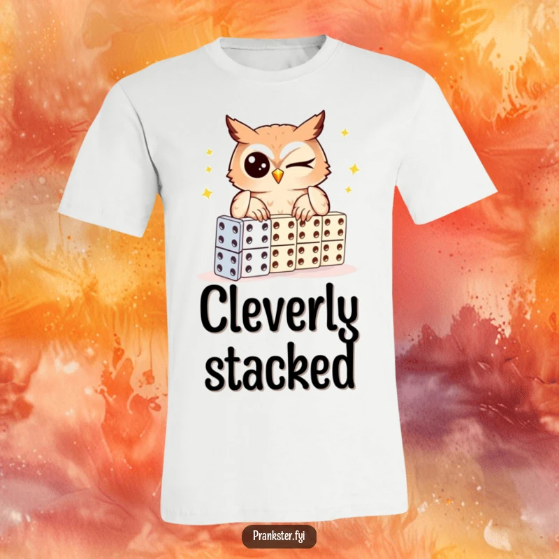 Funny owl t-shirt, winking owl setting up a domino chain, capturing clever planning and foresight.